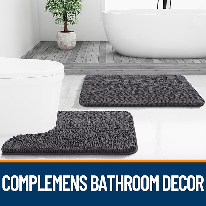 OLANLY Bathroom Rugs 45x27, Extra Soft Absorbent Chenille Bath Rugs, Rubber Backing Quick Dry, Machine Washable Bath Mats for Bathroom Floor, Tub and Shower, Home Decor Accessories, Dark Grey