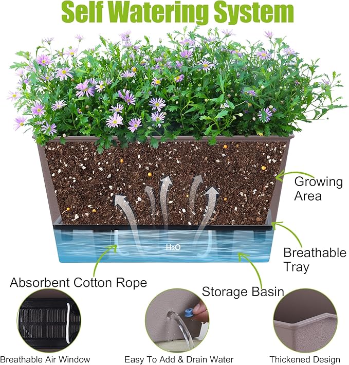 Oliz Window Box Planter 6 Pcs, 12.6 Inches Self Watering Rectangle Flower Plant Pots with Drainage Holes & Breathable Trays, Vegetable Planters for Windowsill Patio Garden Balcony Porch Yard (Khaki)