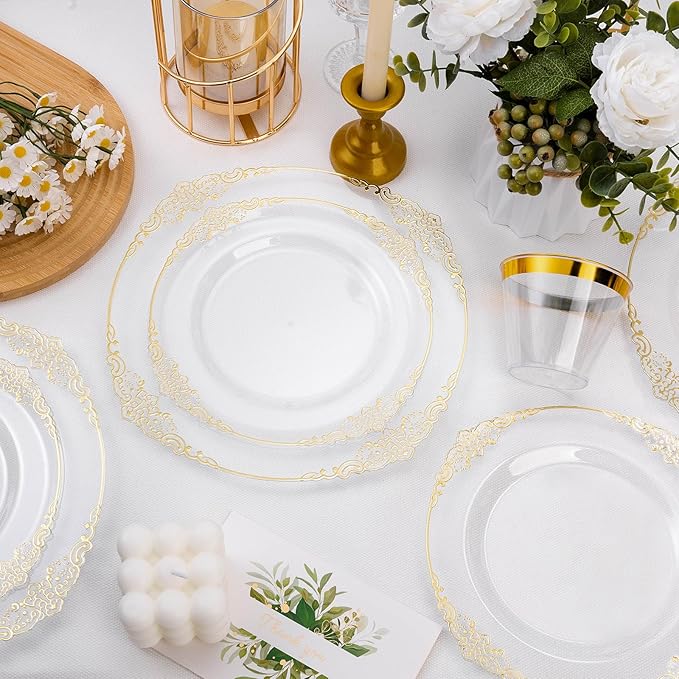 200 PCS Clear and Gold Plastic Plates for 100 Guests, Elegant Clear Disposable Plates with Gold Trim, Include 100 PCS Dinner Plates, 100 PCS Dessert Plates for Party, Birthday and Graduation