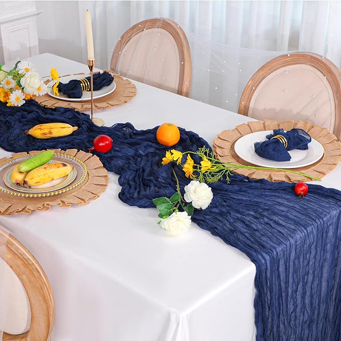 Snowkingdom 6PCS 10Ft Navy Blue Cheesecloth Table Runner, 120inch Long Cheese Cloth Boho Gauze Runner for Wedding Bridal Baby Shower Birthday Holiday Party Sheer Table Decorations
