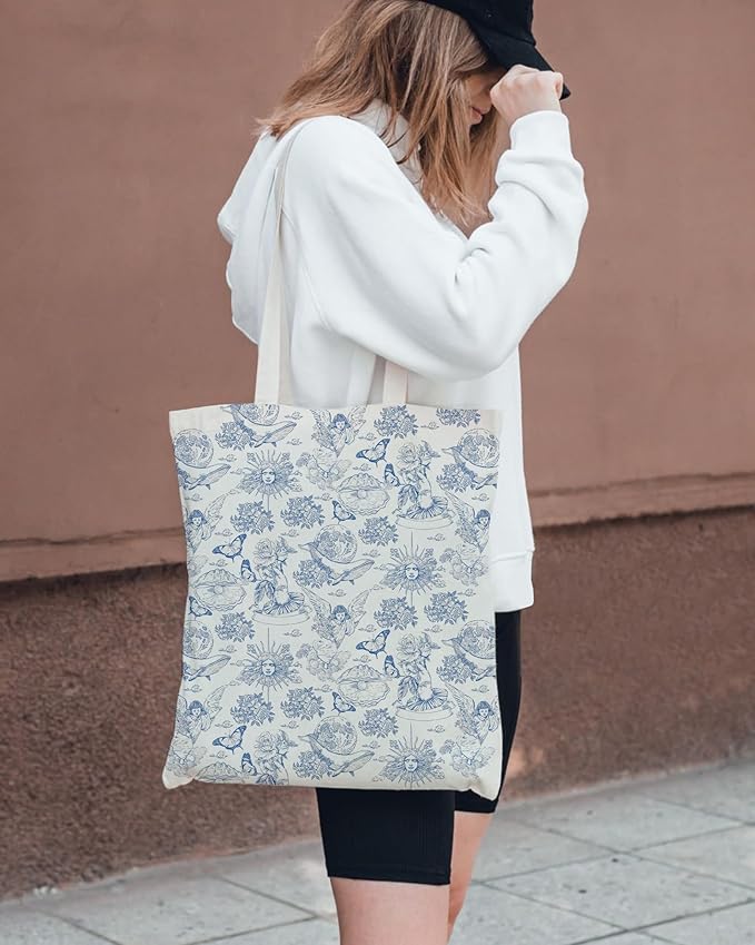 Canvas Tote Bag with Aesthetic Prints, Cute Tote Bag for Women Girls with Wide Strap, Gifts for Cat Book Lovers