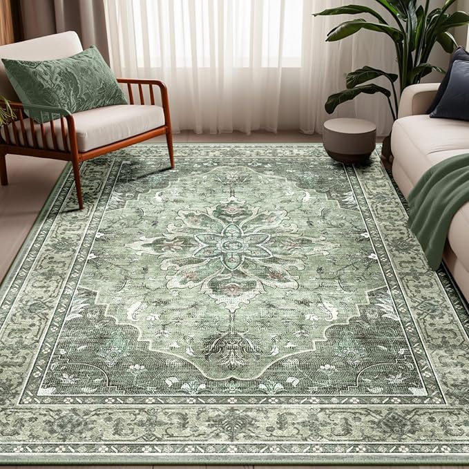 Area Rugs 5'x7' Washable Non-Slip, Floral Vintage Distress Print Pattern Medallion Carpet for Living Room Bedroom Dining Room, Dark Green Gray