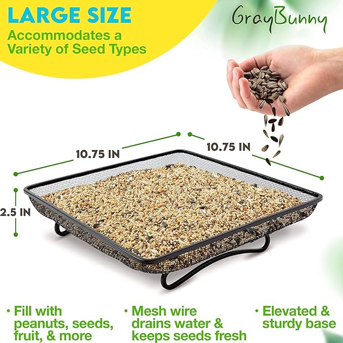 Ground Bird Feeder Tray for Outdoors (Metal) - Weather Resistant Platform Mesh Seed Tray for Wild Birds Squirrels Dove Cardinal Blue Jay Crows (11x11 in)