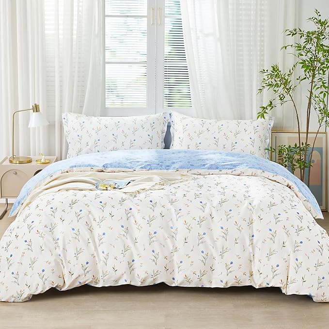 SAPHREAS King Size Blue Floral Duvet Cover Set 3pcs Botanical Flower White Bedding Comforter Cover Set 100% Cotton 1 Duvet Cover 104"x90" 2 Pillow Shams, Comforter Not Included