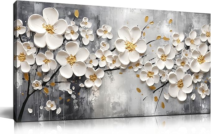 Flower Pictures Wall Art for Bedroom Women - White Canvas Wall Art for Living Room - Girls Room Decor Ready to Hang Size 20" x 40"