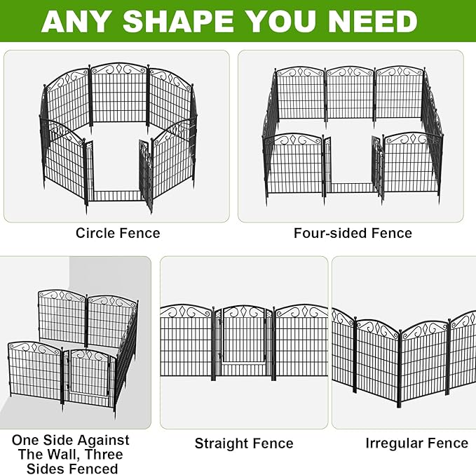 12 Panels No Dig Decorative Garden Fence with Gate, GATKITOM 31.3in(H) x 26ft(L) Rustproof Animal Barrier Metal Dog Fence Outdoor for Yard, Patio, Temporary Garden Fencing with Ground Stakes