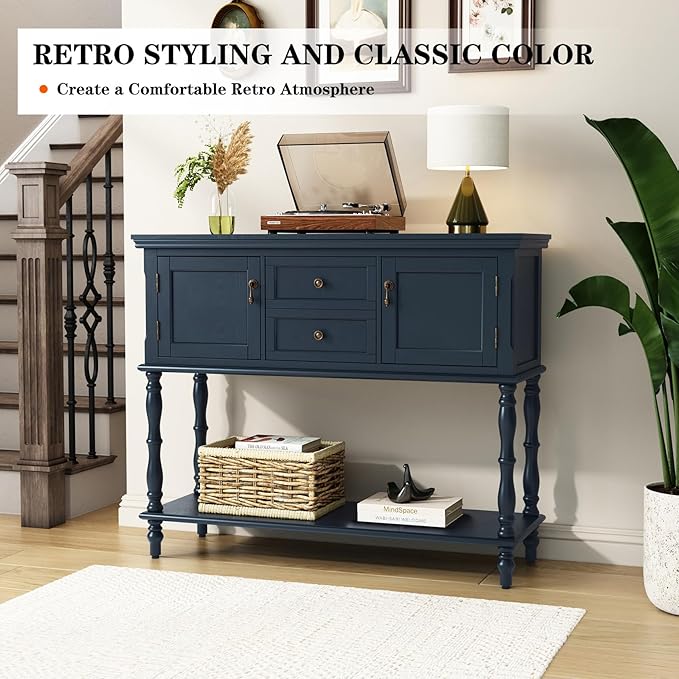 ARTPOWER Console Table with 2 Drawers, Retro Entryway Table with 2 Door Cabinets and Open Storage Shelf, Narrow Long Behind Couch Sofa Table for Living Room, Foyer, Hallway, Blue