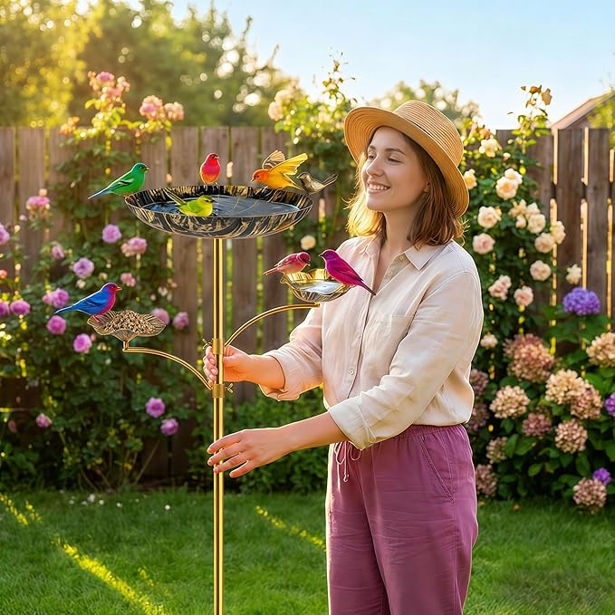 HUFAND Triple Bowl Bird Bath for Outside, 3-in-1 Bird Bath & Feeder with 4-Claw Ground Stake, 51in Height, 11.8in Large Top Bowl, Outdoor Birdbath for Garden Patio Yard Decor, Black Gold