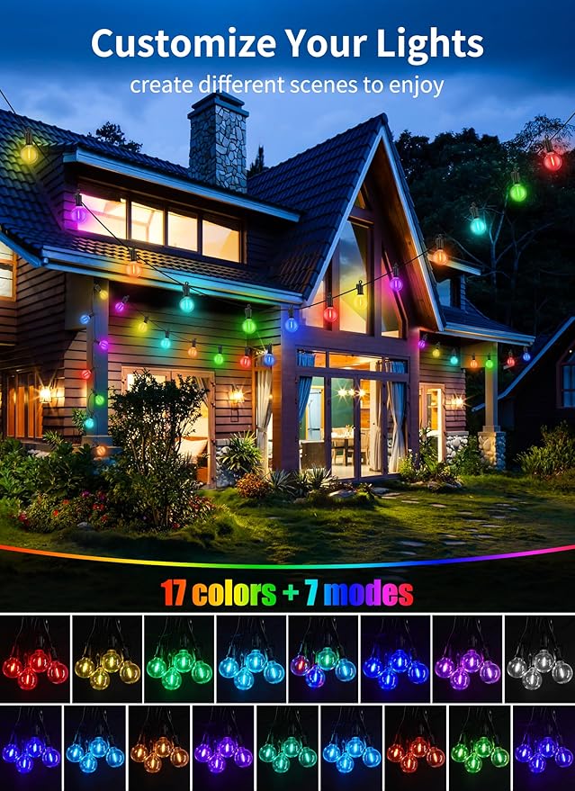 Brightown Outdoor String Lights 58 Feet G40 LED Patio Lights, 27 Plastic Edison Bulbs(2 Spare), Waterproof Connectable Hanging Light for Backyard Porch Balcony Party Decor, E12 Base, Multicolor
