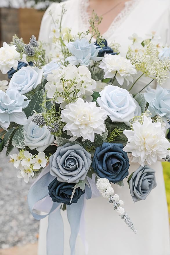 Blue Artificial Flowers Combo Box Set Gradient Color Flower Leaf with Stems for DIY Wedding Bouquets Centerpieces Baby Shower Party Home Decorations