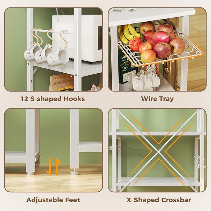 SUPERJARE Large Bakers Rack with Power Outlets, 6-Tier Microwave Stand, Coffee Bar with 12 S-Shaped Hooks, Kitchen Shelf with Wire Basket, 39.4 x 14.6X 66.9 Inches, White
