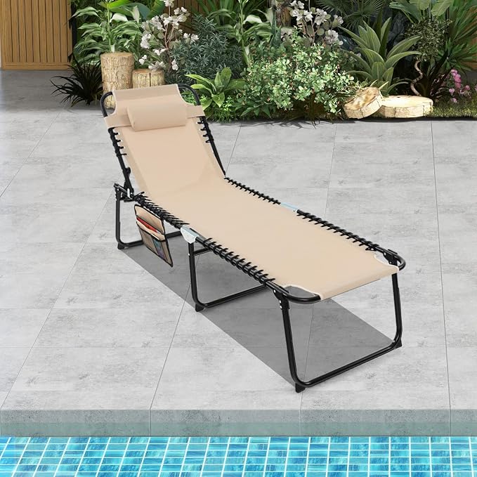 GYMAX Lounge Chairs for Outside, Extra High Folding Beach Tanning Lounger with Adjustable Backrest, Footrest & Removable Pillow, Sunbath Lounge for Patio, Lawn, Poolside (1, Beige with Pocket)
