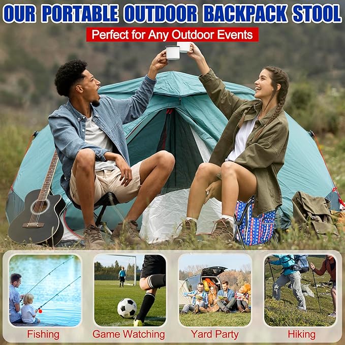 Kikerike Backpack Stool Cooler Chair Heavy Duty 300 LBS Max Load Portable Lightweight Stool Backpack Folding Fishing Cooler Seat for Camping Hunting Fishing - American Flag