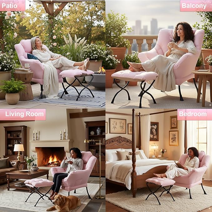 LITA Lazy Chair with Ottoman, Modern Accent Leisure Upholstered Sofa, Contemporary Lounge Reading Chair with Armrests and a Side Pocket for Living Room, Bedroom & Small Space, Pink