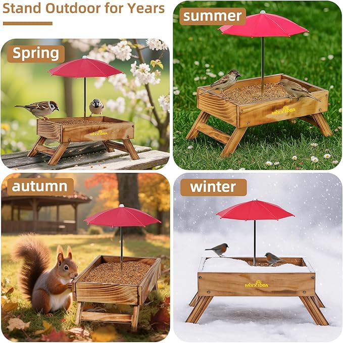 Ground Bird Feeder for Outdoors Bird&Squirrel Feeder Wooden Chicken Picnic Table Platform Feeder Wild Bird Feed Crow Feeder for Outside with 5 LBS Capacity (Brown)