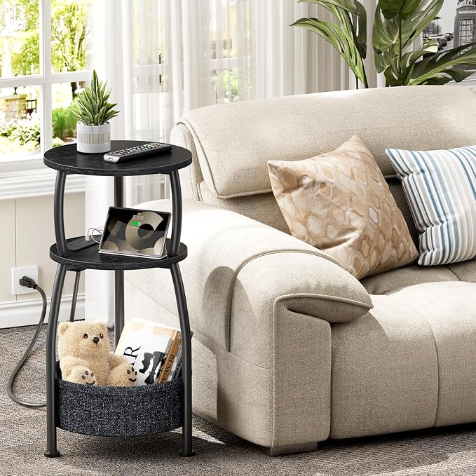 Round Side Table with Power Outlets, Small Coffee Table with S Basket, Space Saving End Table 3-Tier Bedside Corner Table Stand for Living Room, Bedroom, Garden 11.8in Classic Black