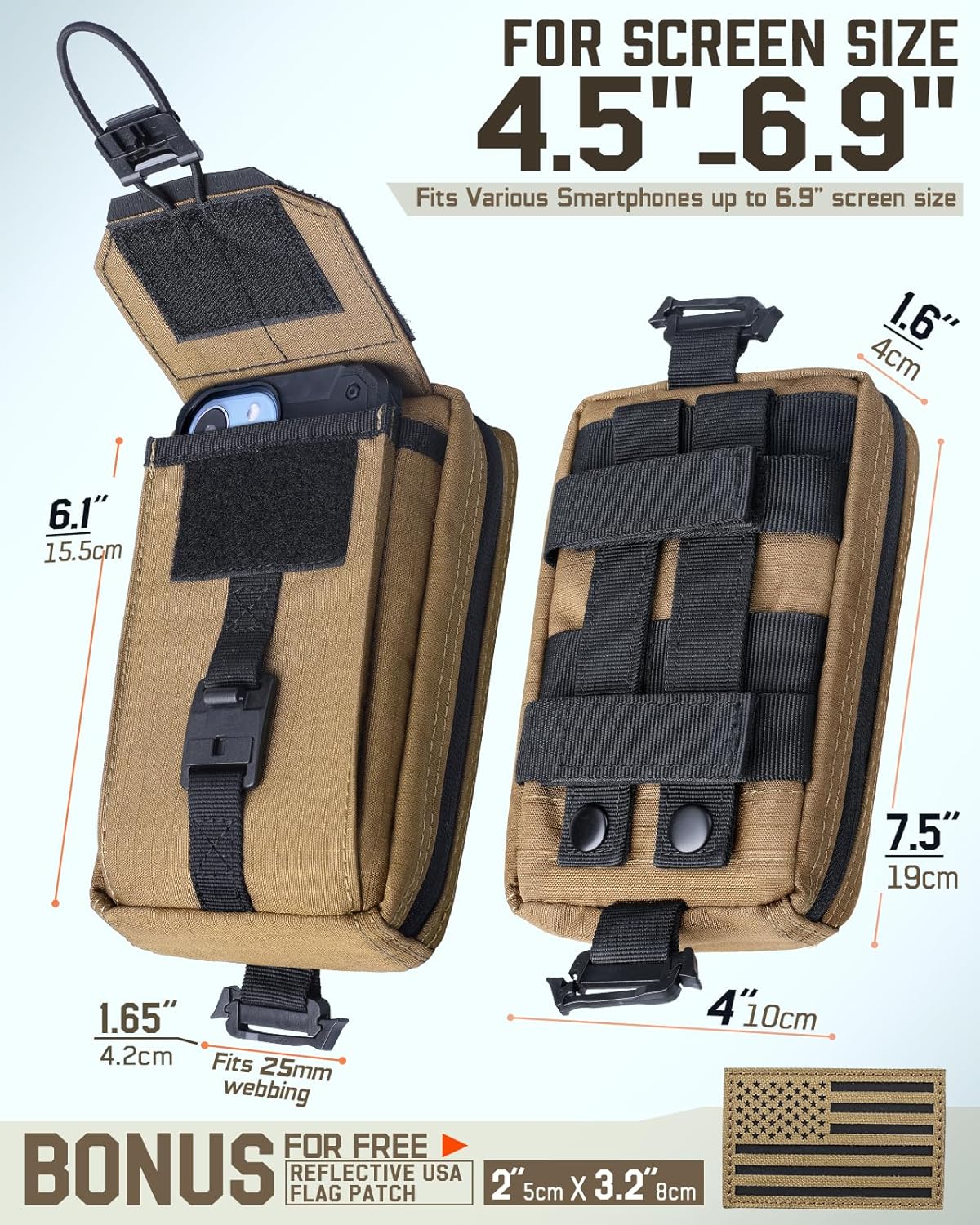 RXW Tactical Utility Phone Pouch - MOLLE EDC Tool Holster for Vests & Duty Belts | Fits 4.5"-6.9" Devices