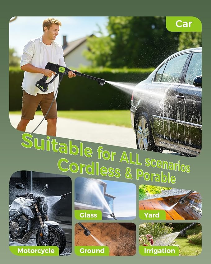 Cordless Car Washer, Portable Cleaning Tool with 6-in-1 Nozzle, Self-Priming from Bucket, Hose or Tap, Battery Powered for Car, Patio & Garden Cleaning