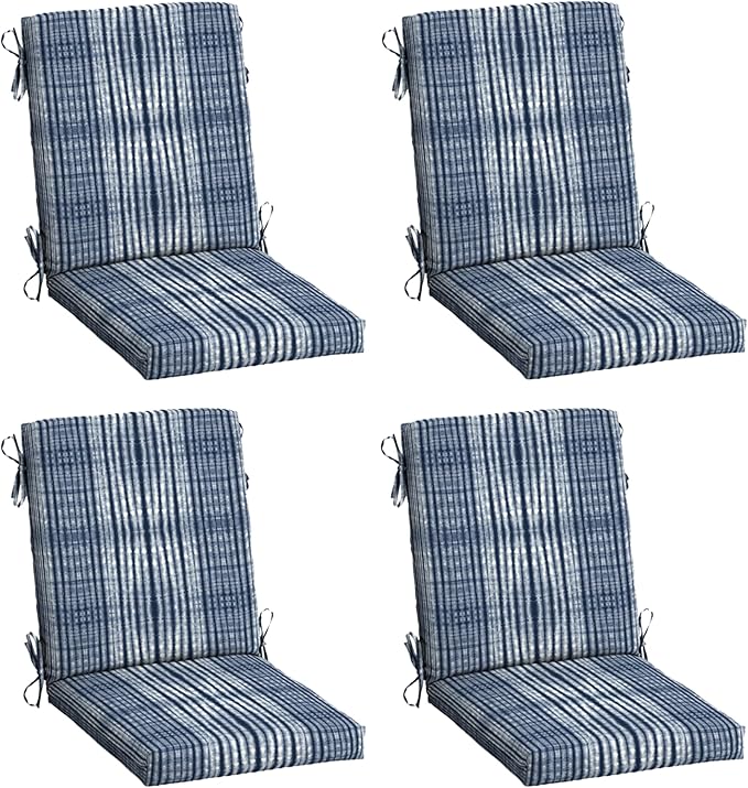 Arden 4-Pack Outdoor Patio Dining Chair Cushion, 20x44, Rain-Proof Seat Pad, Fade-Resistant Outdoor Cushion Blue Shibori Stripe