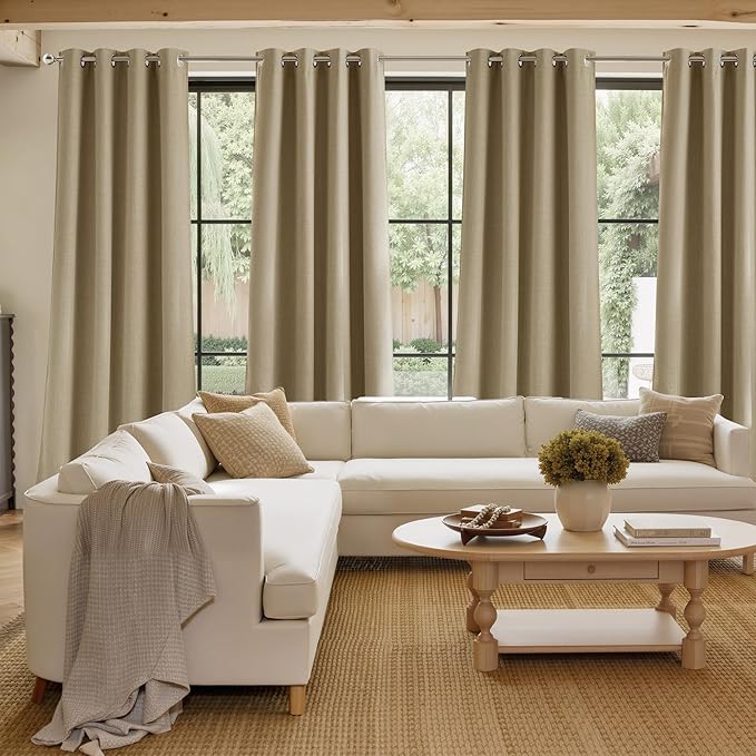 NICETOWN Oatmeal Faux Linen Room Darkening Rod Pocket Curtains 63 inch Length