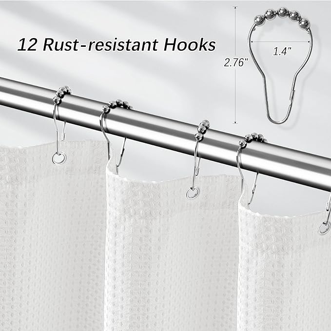 Long White Shower Curtain Waterproof Large Heavy Duty Fabric Shower Curtains for Bathroom, Machine Washable Tall 256GSM Modern for Spa Hotel with 12 Metal Hooks, 72Wx78H