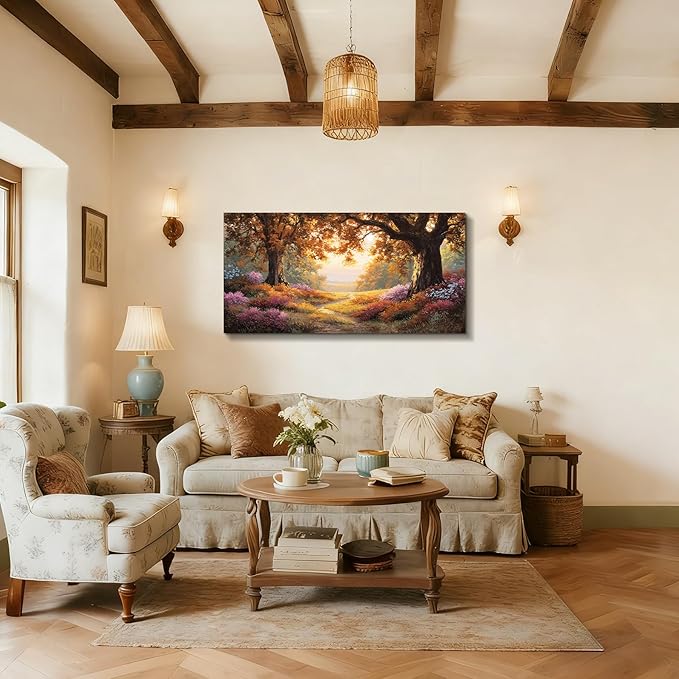 SERIMINO Forest Wall Art, Large Landscape Wall Art, Nature Wall Decor, Autumn Trees Floral Canvas Prints, Cozy Rustic Paintings for Living Room Bedroom Bathroom Kitchen Farmhouse Cottage 24"x48"
