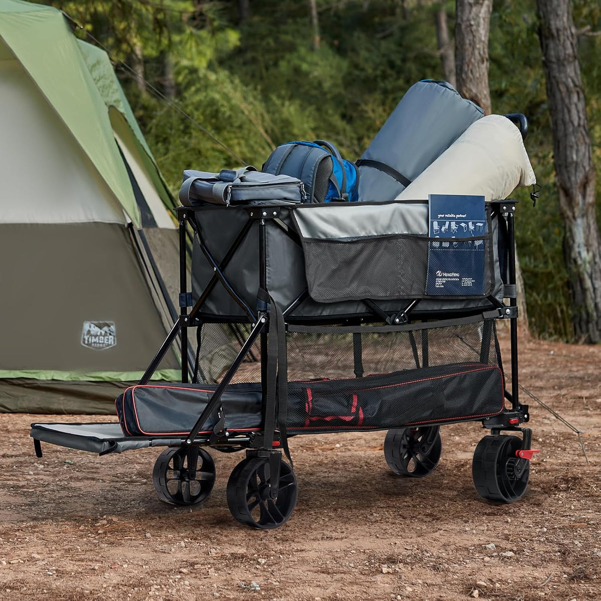 TIMBER RIDGE 400L Large Capacity Folding Double Decker Wagon with Brakes, 54" Extra Long Extender Wagon Cart, 450lbs Heavy Duty Collapsible Cart, All-Terrain Big Wheels for Camping, Sports, Shopping