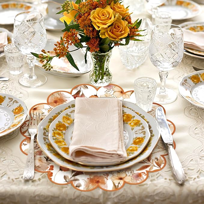100 Pcs Fall Floral Paper Placemats Scalloped Boho Flower Paper Placemats Disposable Seasonal Wildflower Place Mats for Autumn Wedding Bridal Baby Shower Thanksgiving Harvest Party Supplies