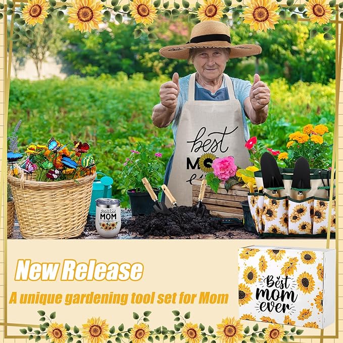 Lasnten 16 Pcs Mothers Day Garden Gift for Mom Women Gardening Supplies Birthday Garden Tools Set from Daughters Gloves Apron Insulation Cup Fork Trowel Tote Bags for Plant Lover Present