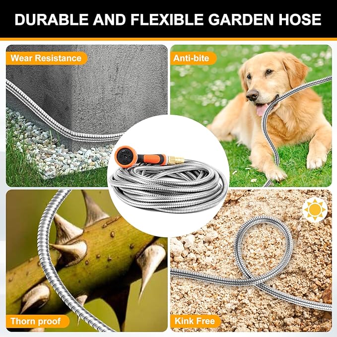 Metal Garden Hose 75ft, Stainless Steel Water Hose 75ft with 10 Function Sprayer Nozzle, Leaf-Proof Kink Free Heavy Duty Lightweight for Outdoor,Yard,Lawn,Patio, Car