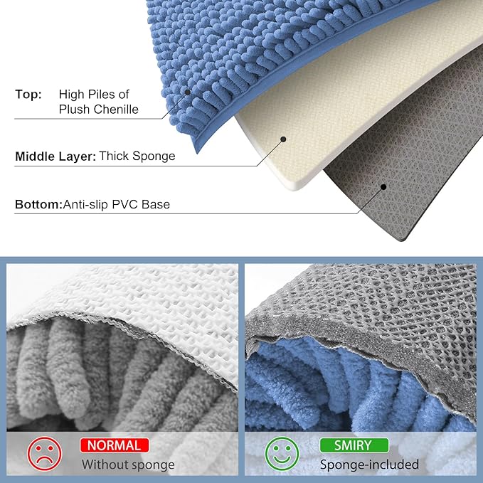 Smiry Luxury Chenille Bathroom Rugs 24x16, Extra Soft and Absorbent Shaggy Bath Mat, Machine Washable, Non-Slip Plush Carpet Runner for Tub, Shower, and Floor, Home Decor Accessories, Cornflower Blue