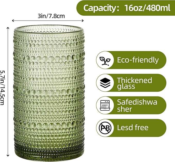 16oz Hobnail Drinking Glasses Set of 6, Vintage Large Capacity Embossed Green Tumblers, Highball Glasses for Water, Cocktail, Beer, Whiskey, Juice & Bar Use