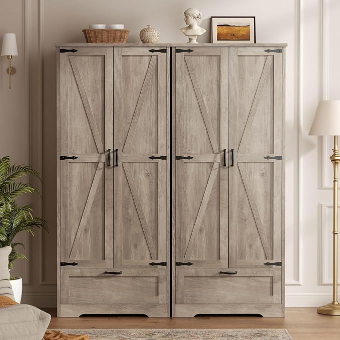 Vongrasig Kitchen Pantry Storage Cabinet with Barn Doors, Drawer and Adjustable Shelves, 4-Tier Tall Rustic Wood Cupboard Locker for Kitchen, Dining Room, Living Room, Bathroom, Rustic Grey