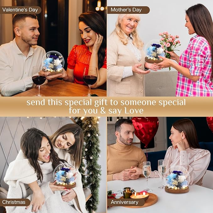 Preserved Flowers,Rose in Glass Dome with LED Light, Gifts for Her, Women, Mom,Grandma,Girlfriend, Wife - Style5