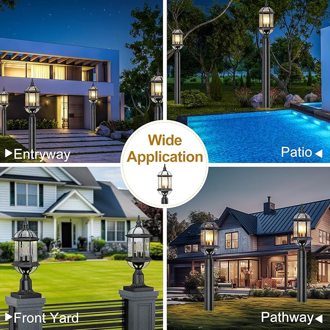 Large Outdoor Post Lights,19.21" 3-Light Lamp Post Light Fixture,Hardwired 120V Exterior Waterproof Pole Lighting,Modern Black Aluminum Lantern for Garden, Yard, Patio, Pathway