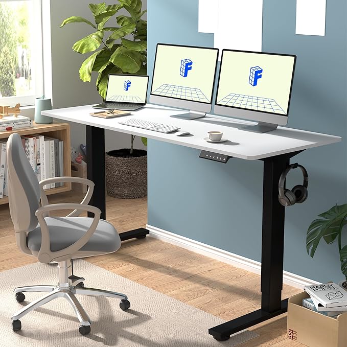 FLEXISPOT EN1 One-Piece Standing Desk with 1-Inch Thick Desktop, 60"x24" Electric Height Adjustable Desk for Home Office & Multi-Device Workstations, White