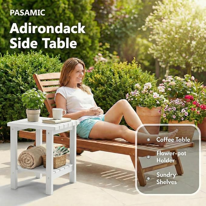 PASAMIC 2-Tier Adirondack Square Outdoor Side Table, HDPE Small Outdoor Table, Patio End Table for Patio, Pool, Backyard, Weather-Resistant (White)
