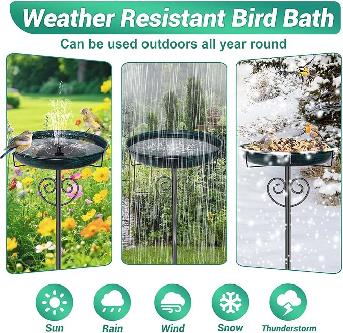 Metal Bird Bath for Outdoor, Garden Freestanding Birdbaths & Birdfeeders with Removable Bird Baths Feeder Bowl with 5 Prong Base Stake for Outside Garden Patio Yard Lawn Decor (Vintage Green)