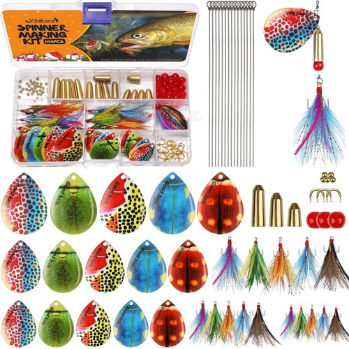 Dovesun Spinner Making Kit DIY Fishing Lure Making Kit Fishing Gifts for Fisherman Inline Spinner Baits with Colorful Spinner Blades B-155PCS-Beetle Blades-Inline Spinner Making Kit