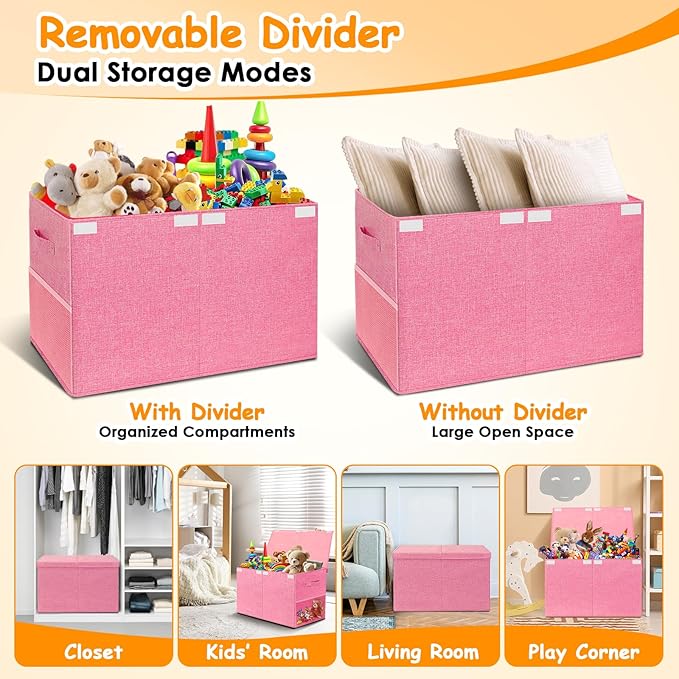 Large Toy Storage Box with Lid Upgraded Toy Chest Organizer with Removable PP Divider Foldable Toy Bin for Kids Boys Girls Linen Fabric Toy Box for Playroom Nursery Bedroom (25"x13"x16")