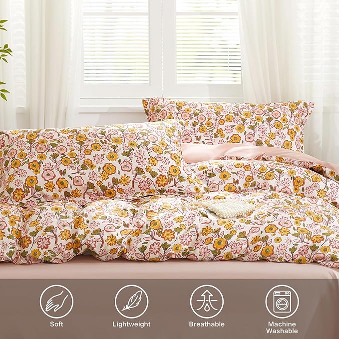 SAPHREAS Pink Floral Duvet Cover Set 3pcs King Size Garden Style Yellow Flowers Bedding Comforter Cover Set 100% Cotton 1 Duvet Cover 104"x90" 2 Pillow Shams, Comforter Not Included