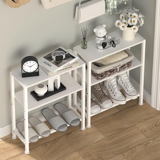 Narrow Side Table Set of 2 for Small Space, 2-Tier Small End Table with Shelf Holder, Slim Nightstand, Skinny Snack Couch Table in Living Room, Bedroom, Study, Kitchen and Balcony (White)