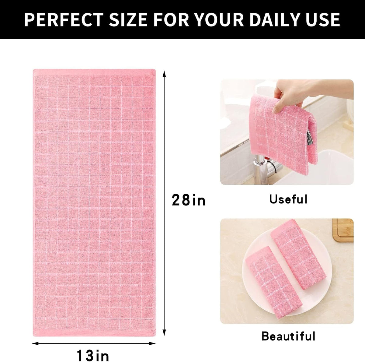 Homaxy 100% Cotton Terry Kitchen Towels(Pink, 13 x 28 inches), Checkered Designed, Soft and Super Absorbent Dish Towels, 6 Pack
