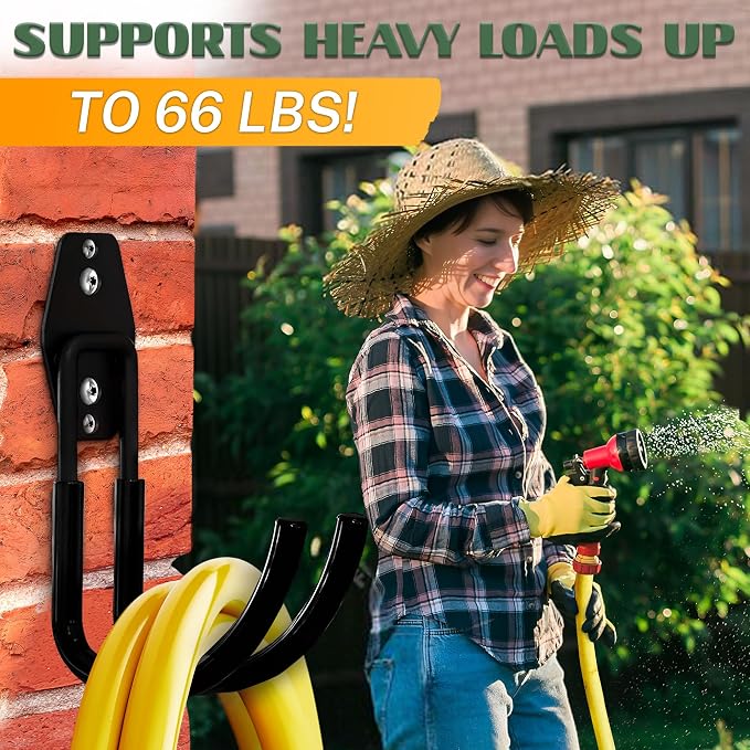 Garden Hose Hook for Outside with Heavy-Duty Steel Construction - Anti-Slip Coating, Holds Up to 66 lbs of Hoses, Cords, and Tools - Hose Hanger Wall Mount for Yard, Garage, Pool Deck, or Fence Post