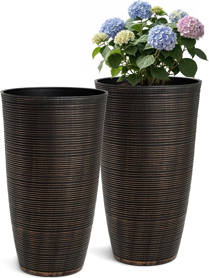 23.5"H Tall Pot Planters, 2-Pack Taper Large Flower Pots for Indoor Outdoor Use, UV-Protect PP Plant Container for Garden Patio Yard Balcony Porch or Home Decor, Bronze Vertical Stripes Texture