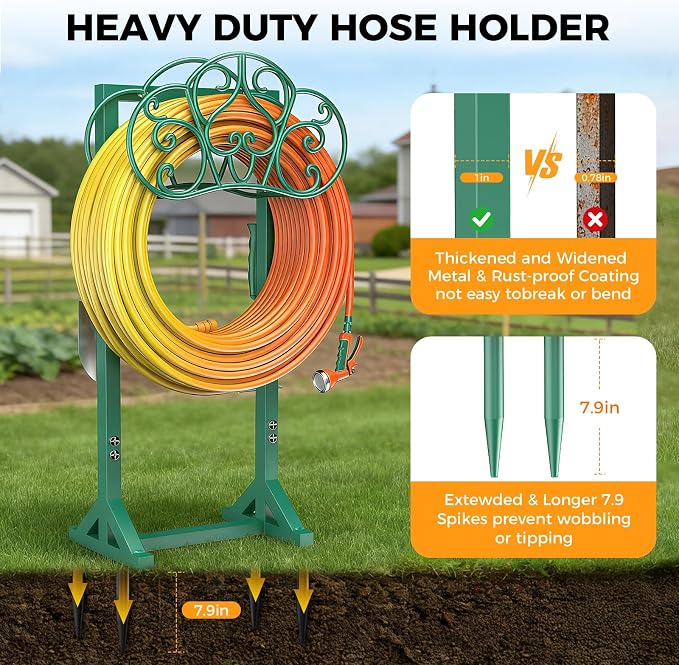 Garden Hose Holder with 2 Tool Hooks Heavy-Duty Freestanding Water Hose Holder Holds 160Ft Hoses, Rustproof Freestanding Hose Stand with 4 Spikes Hose Hanger Storage Rack for Outside, Yard, Lawn
