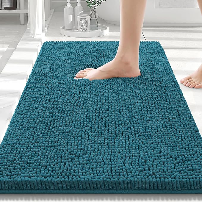 Smiry Luxury Chenille Bathroom Rugs 30x20, Extra Soft and Absorbent Shaggy Bath Mat, Machine Washable, Non-Slip Plush Carpet Runner for Tub, Shower, and Floor, Home Decor Accessories, Lake Blue