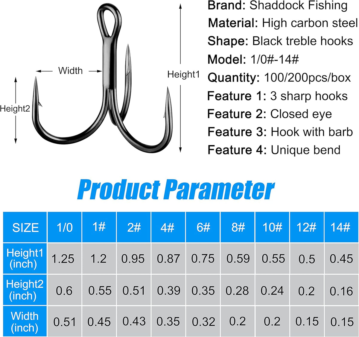 Shaddock Fishing Treble Hooks, Round Bend Short Shank Treble Hooks, High Carbon Steel, Wide Gap for Lures, Baits, Stripe, Trout, Bass, Salmon, Panfish 100/200PCS