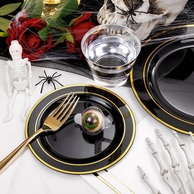 GATHER 350PCS Black Plastic Plates - Disposable Dinnerware Set Include 100PCS Black and Gold Plastic Plates, 150 Silverware, 50 Napkins, 50 Cups for Party & Wedding & New Year