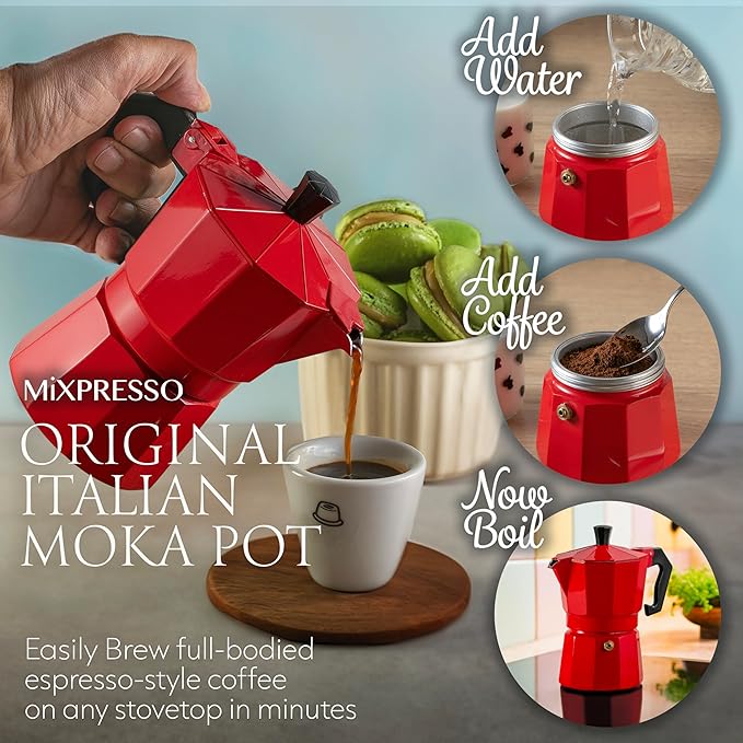 Mixpresso Red 3 Cup Moka Pot Cuban Coffee Maker, Moka Pot for Gas, Electric Stove Top, Classic Italian Coffee Maker, Stovetop Espresso Maker, Camping Pot Makes 3 Espresso Cup 5 Oz - Mug 4.4 Oz